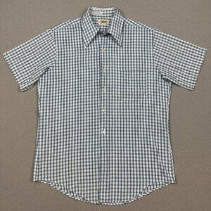 Vintage 70s Casual Poly Cotton Shirt Perm Press Charing Cross Crinkle Plaid USA
